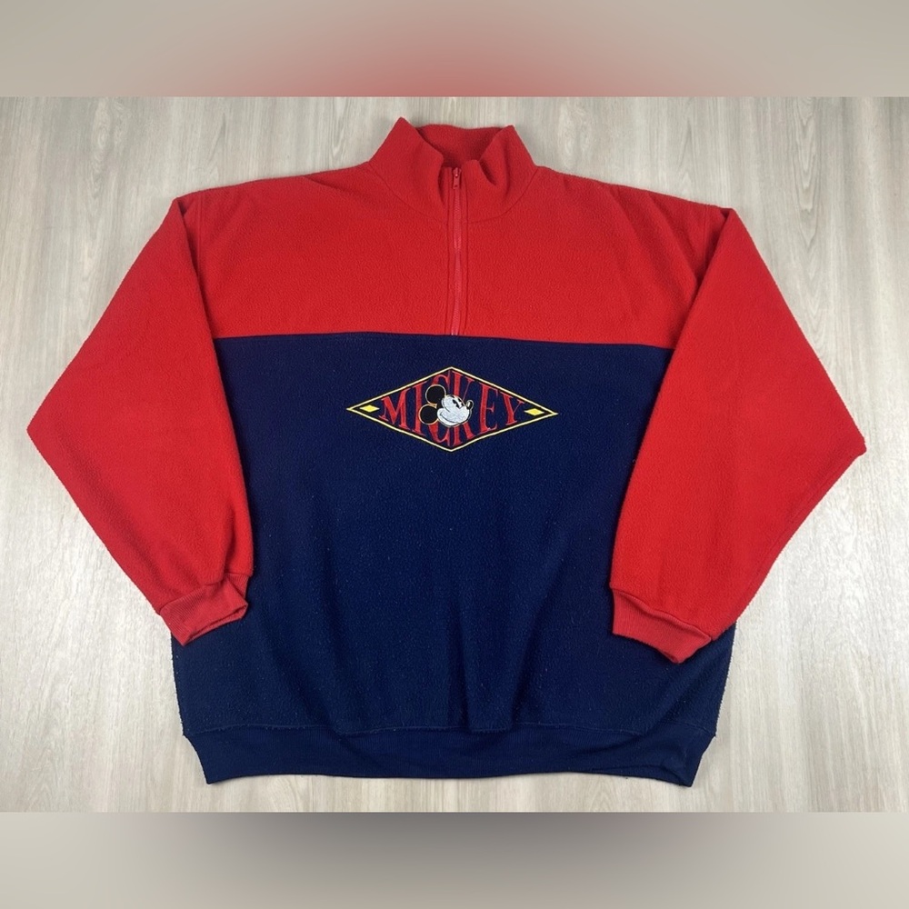 Vintage 90s Disney Mickey Mouse Color Block Embroidered Fleece 1/4 Zip Jacket XL